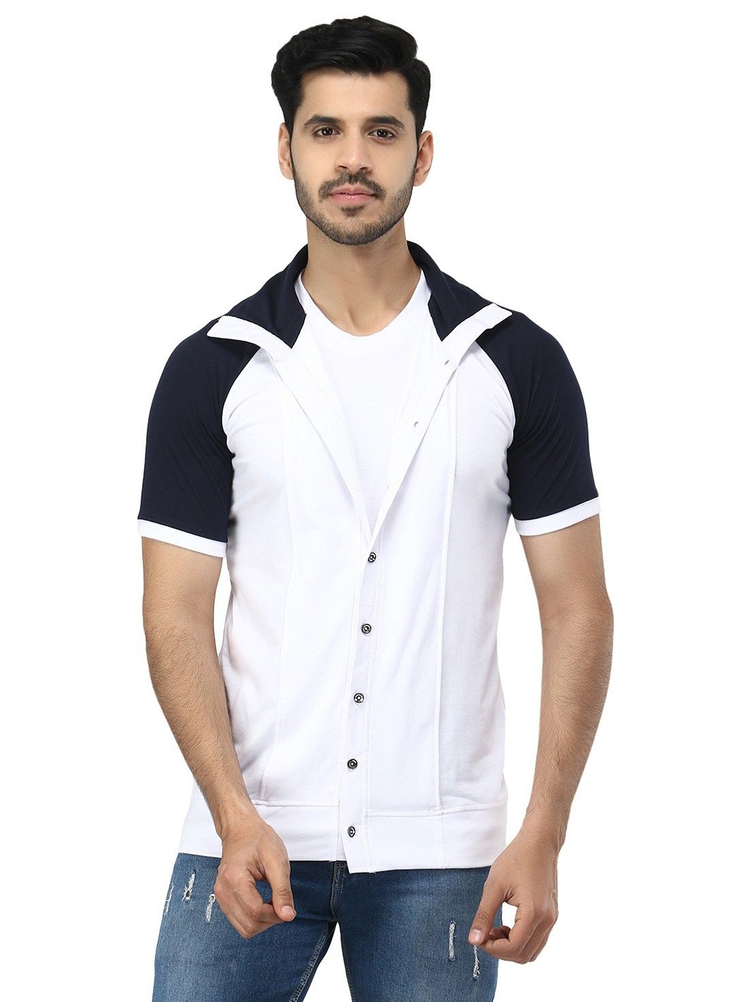 

Black Collection Colourblocked Raglan Sleeves Double Collared Neck T-shirt, White