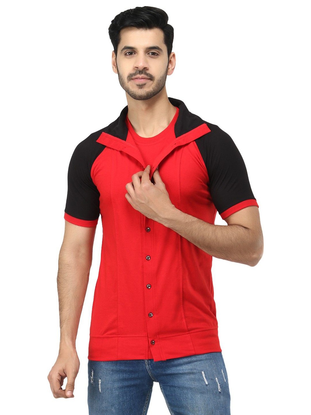 

Black Collection Men Colourblocked Shirt Collar Cotton Casual Sweatshirt, Red