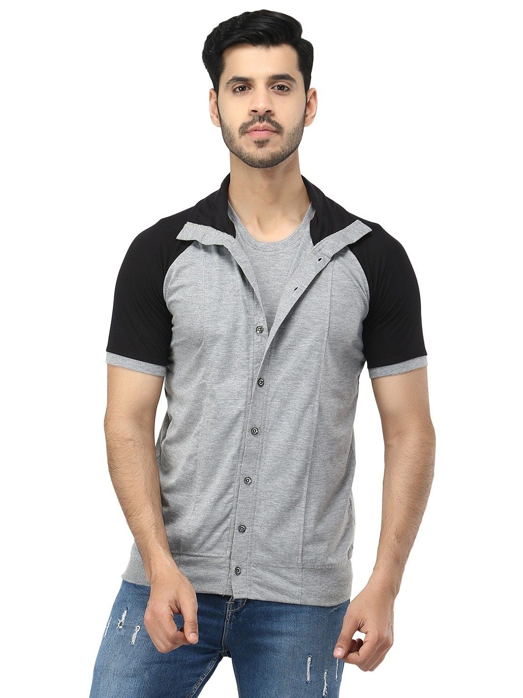 

Black Collection Men Colourblocked Shirt Collar Cotton Casual Sweatshirt, Grey