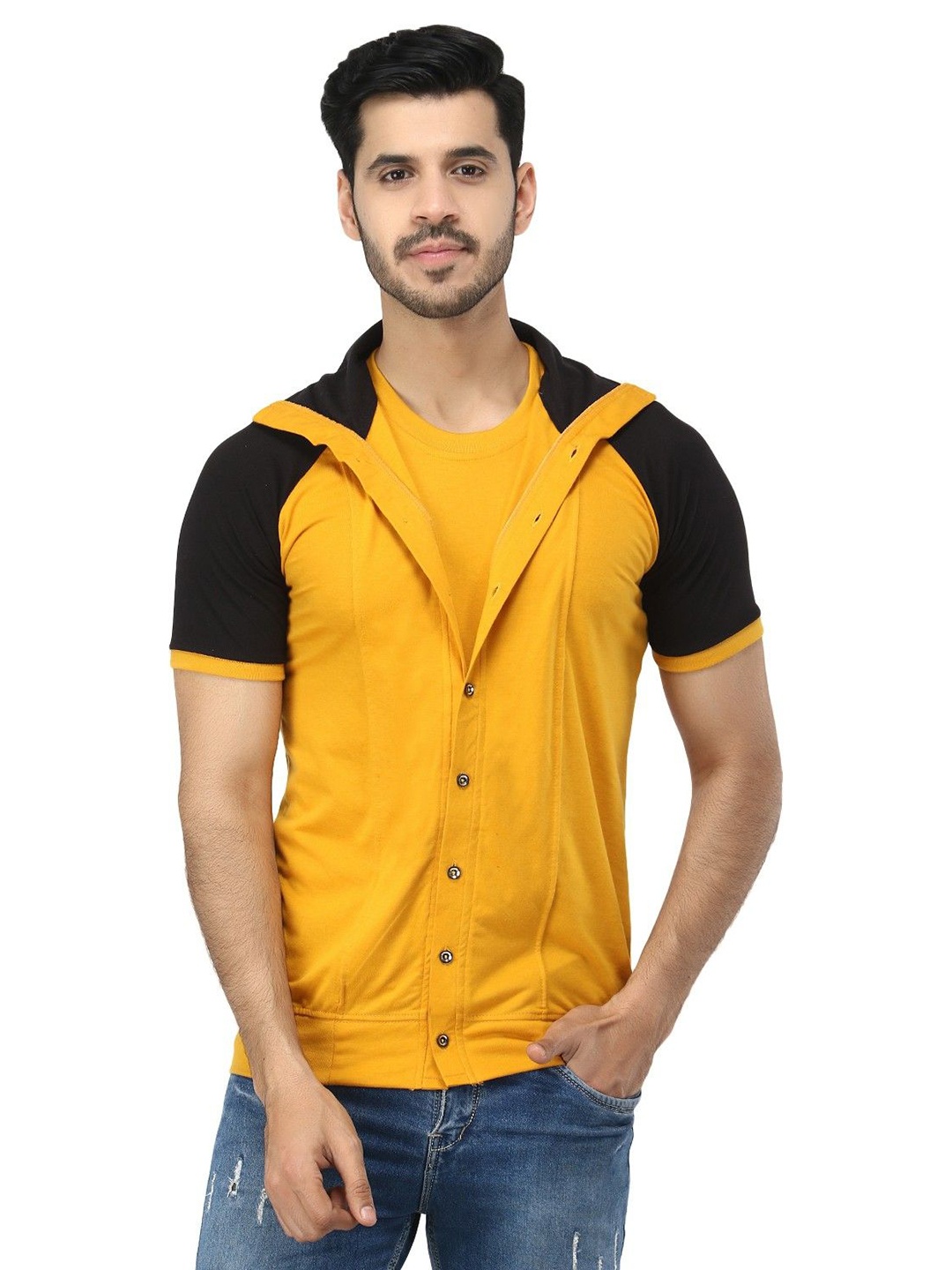 

Black Collection Men Colourblocked Shirt Collar Cotton Casual Sweatshirt, Mustard