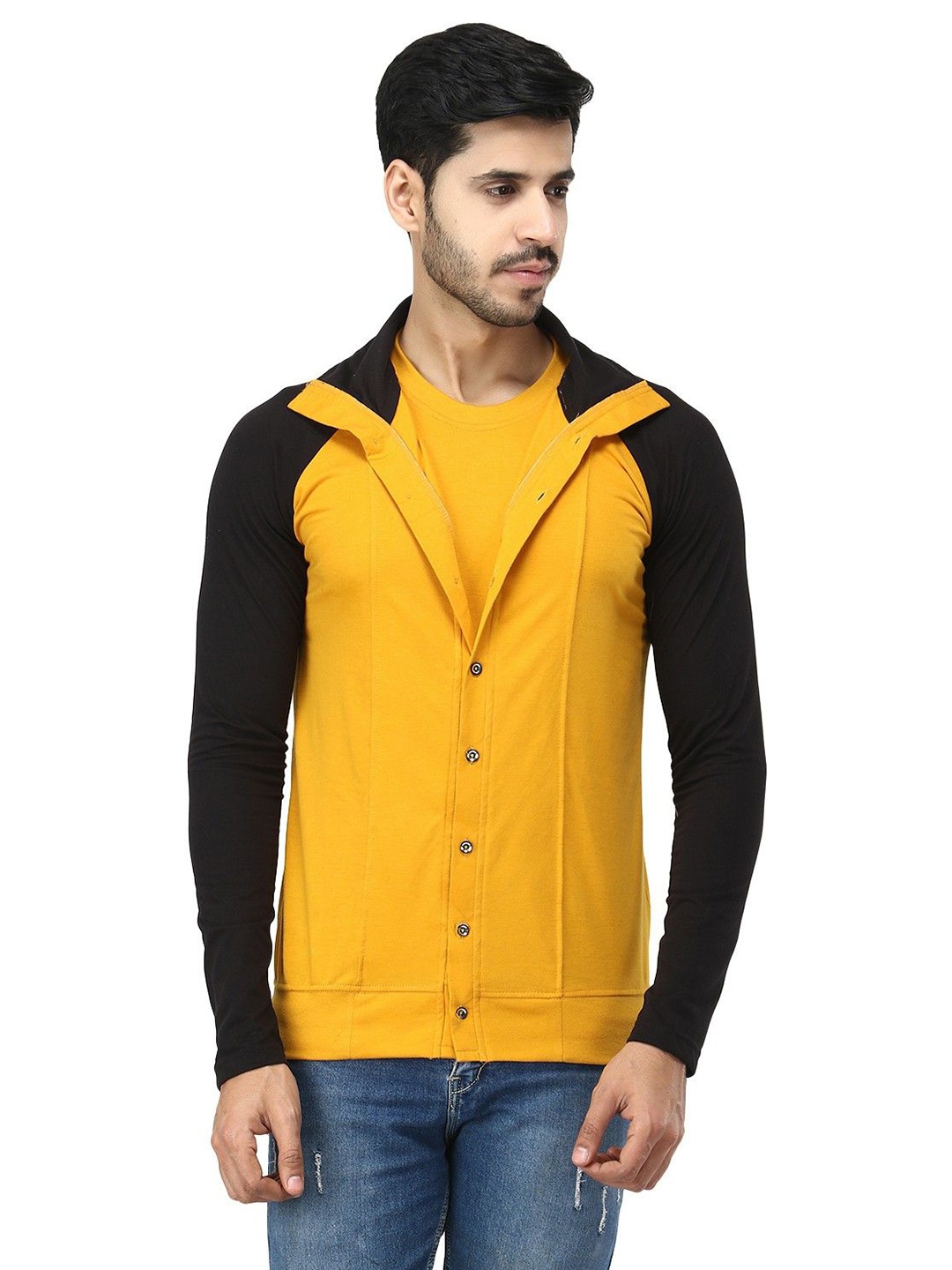 

Black Collection Men Colourblocked Shirt Collar Sweatshirt, Mustard