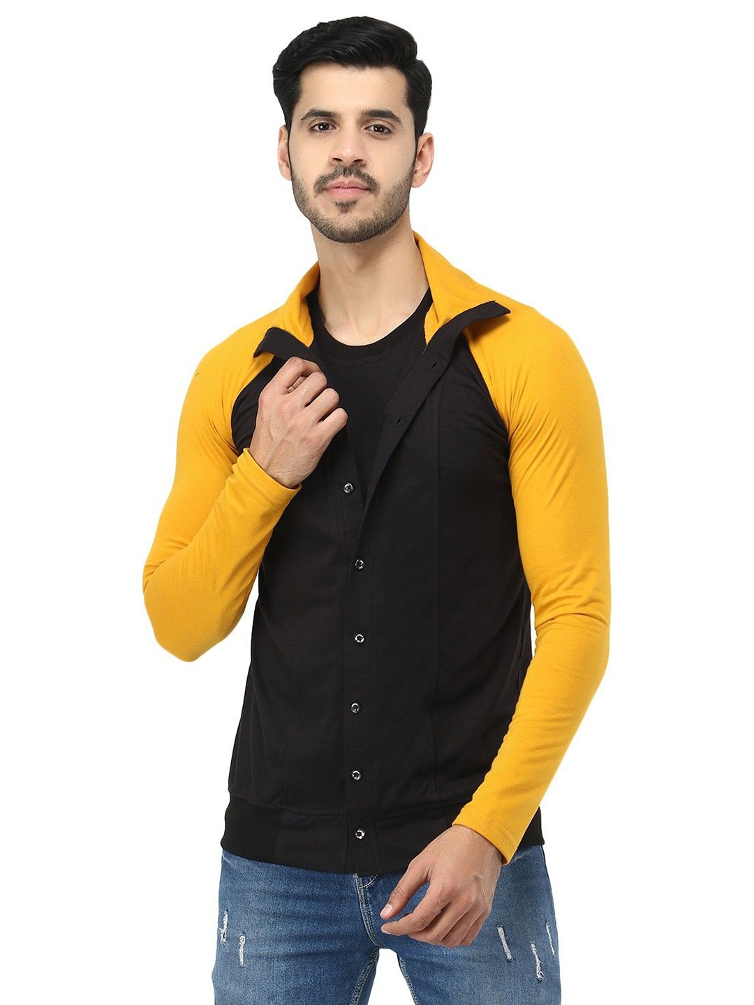 

Black Collection Men Colourblocked Shirt Collar Cotton Casual Sweatshirt