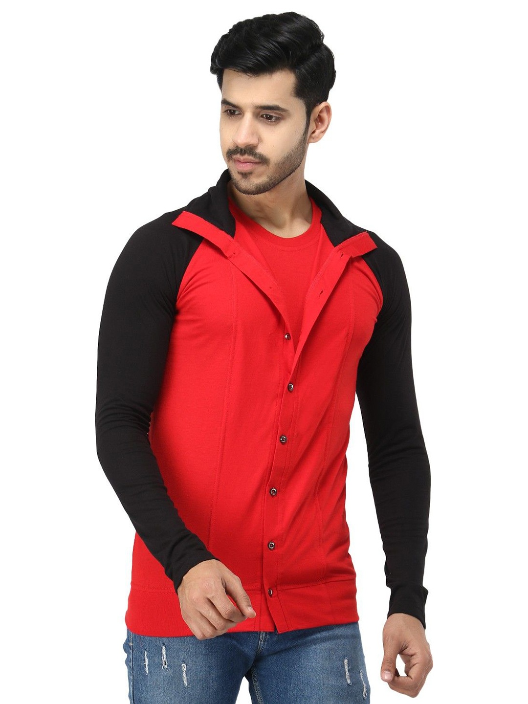 

Black Collection Men Colourblocked Shirt Collar Cotton Casual Sweatshirt, Red