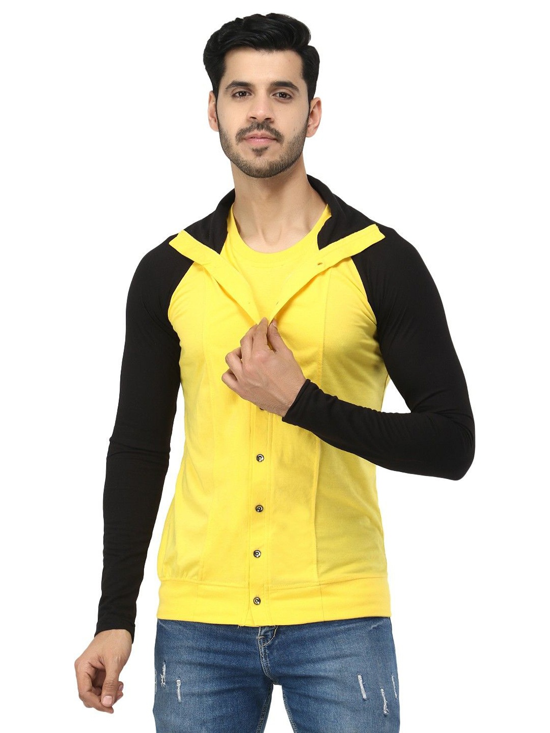 

Black Collection Men Colourblocked Shirt Collar Cotton Casual Sweatshirt, Yellow