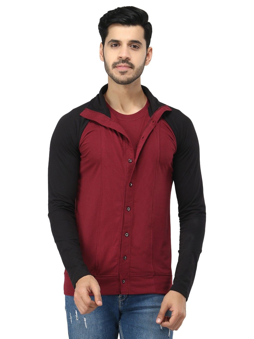 

Black Collection Men Colourblocked Shirt Collar Cotton Casual Sweatshirt, Maroon