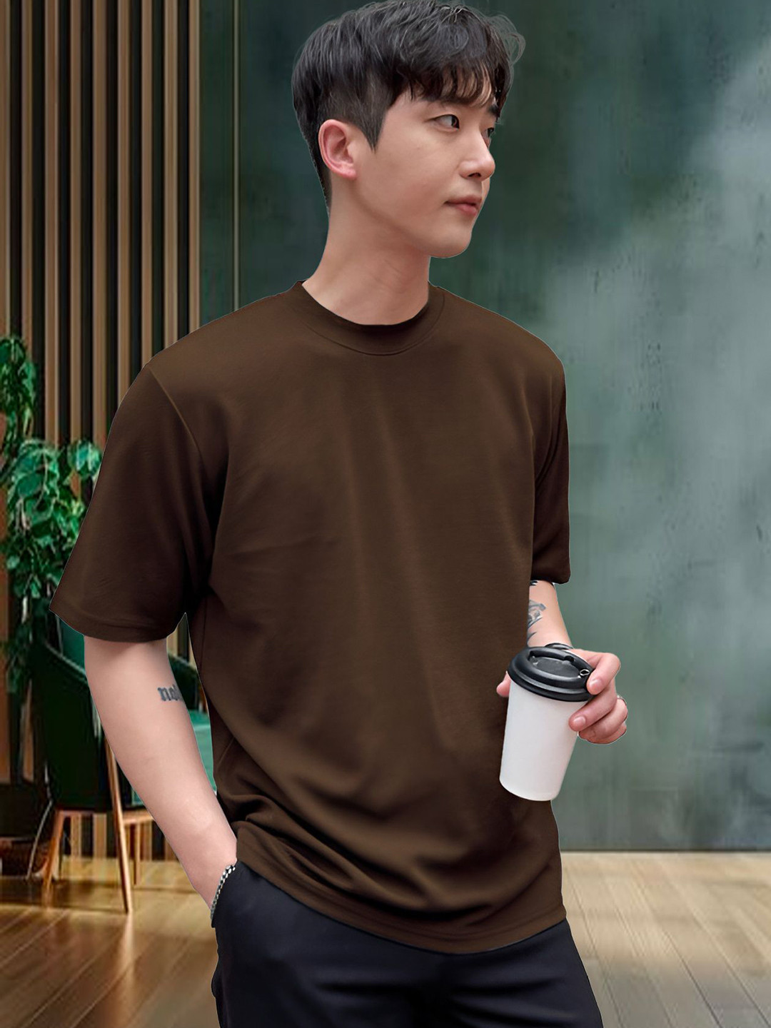 

madfrog Men Solid Round Neck Cotton Relaxed Fit T-shirt, Brown