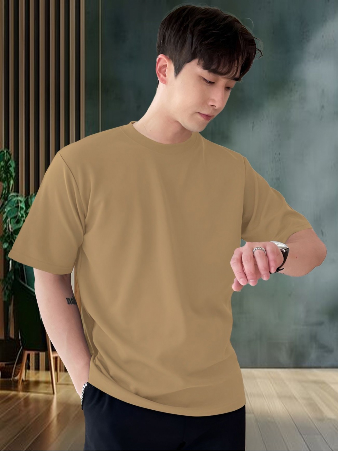 

madfrog Men Solid Round Neck Cotton Relaxed Fit T-shirt, Brown