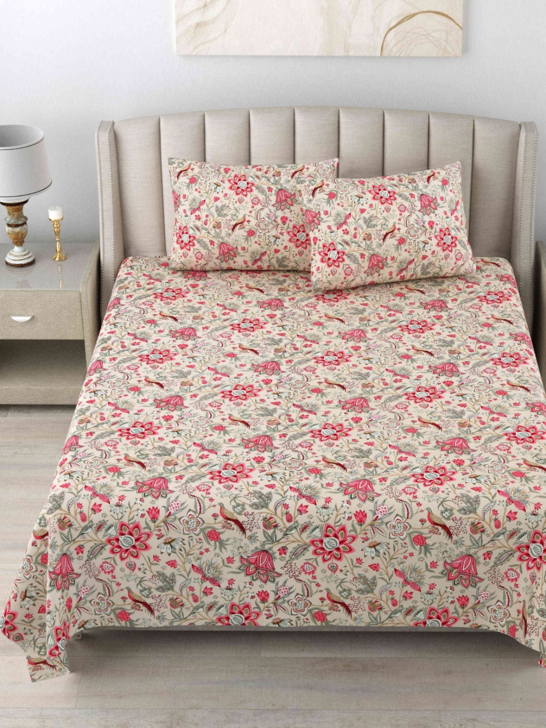 

BILBERRY Red & Cream Floral Printed Pure Cotton180 TC King Bedsheet Set 4.57m x 4.57m