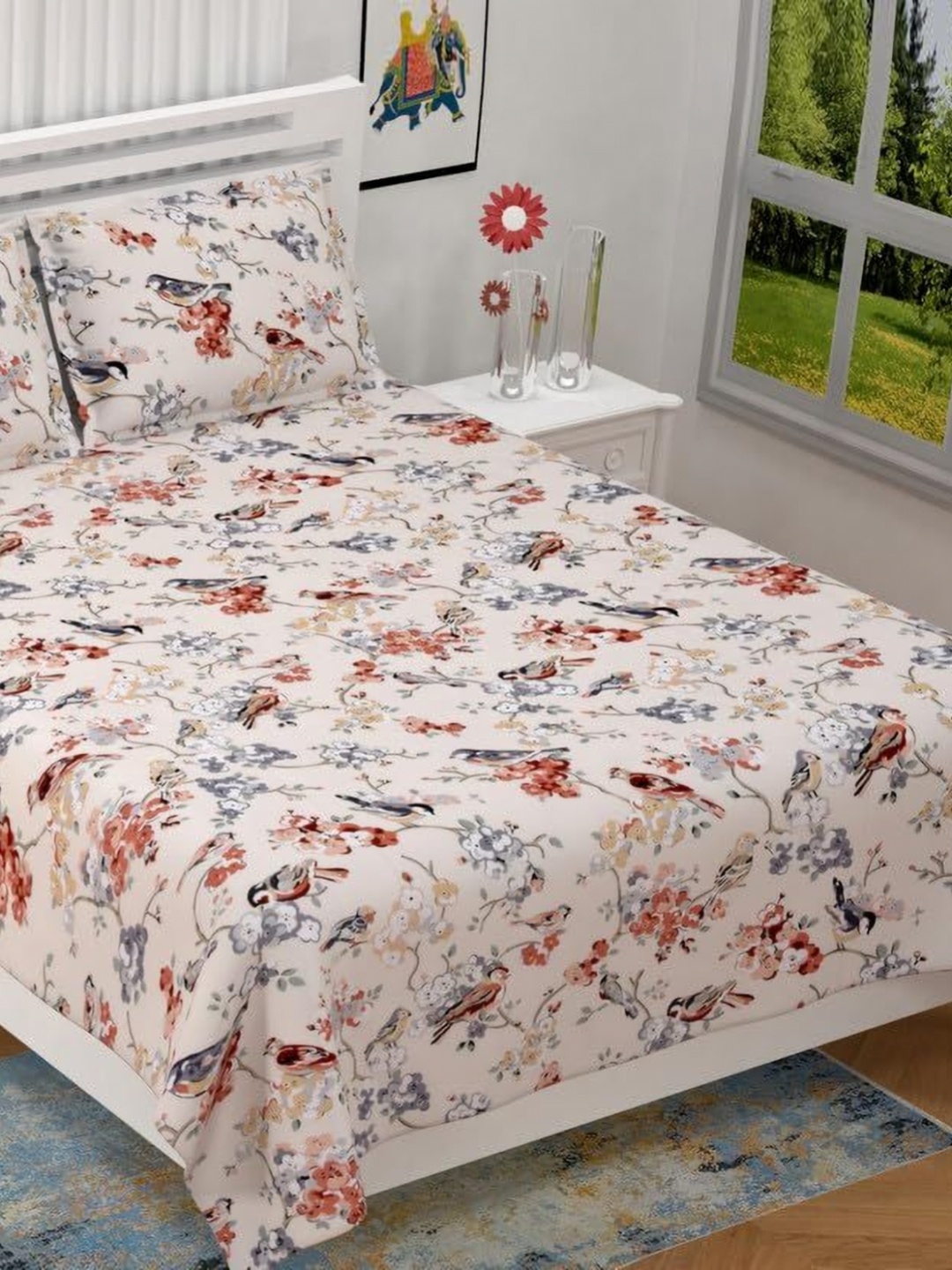 

BILBERRY Beige & Grey Floral Printed Cotton 180 TC King Bedsheet Set 2.74m x 2.74 m