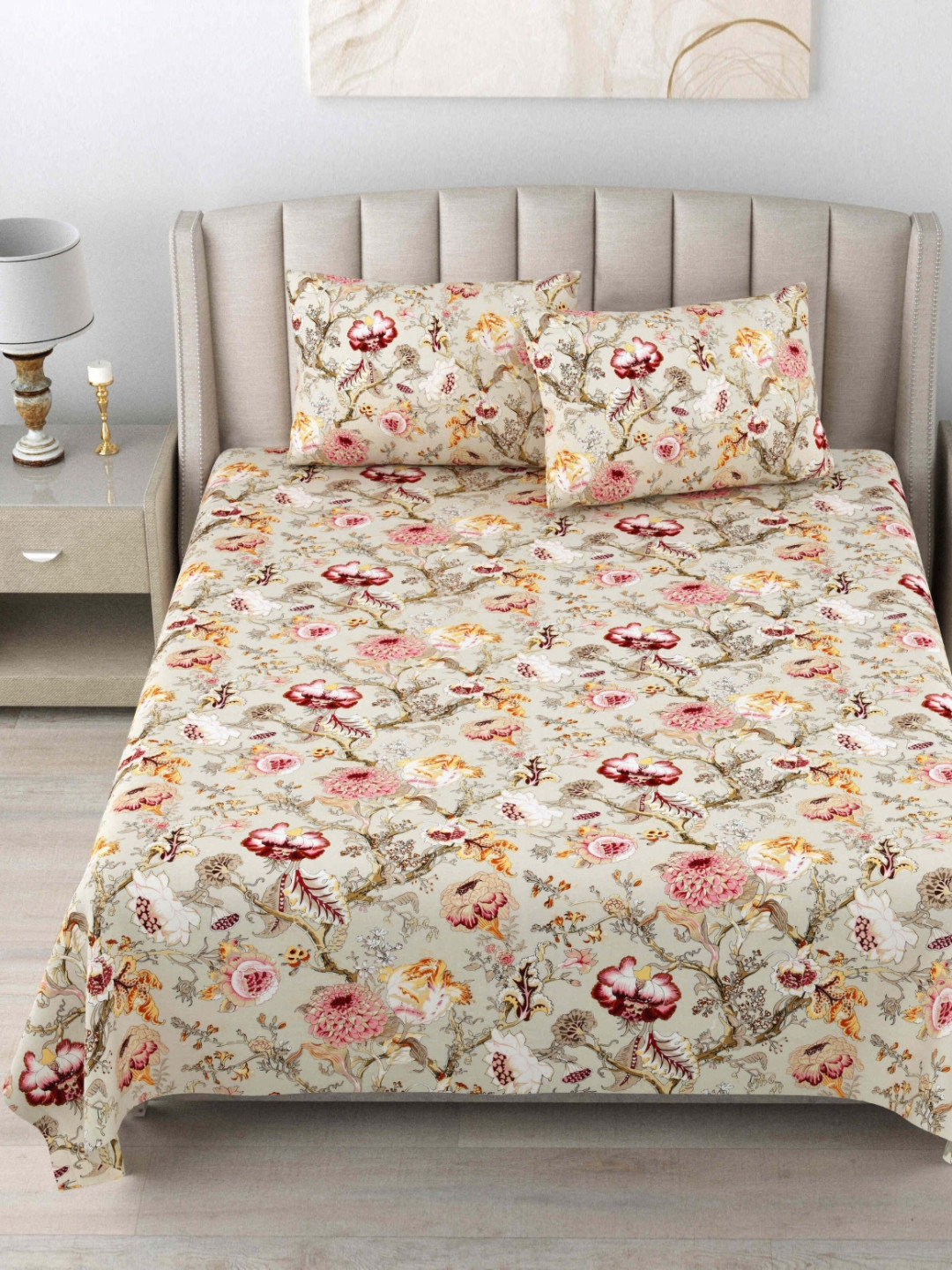 

BILBERRY Red & Pink Floral Printed Cotton 180 TC King Bedsheet Set 2.74m x 2.74 m