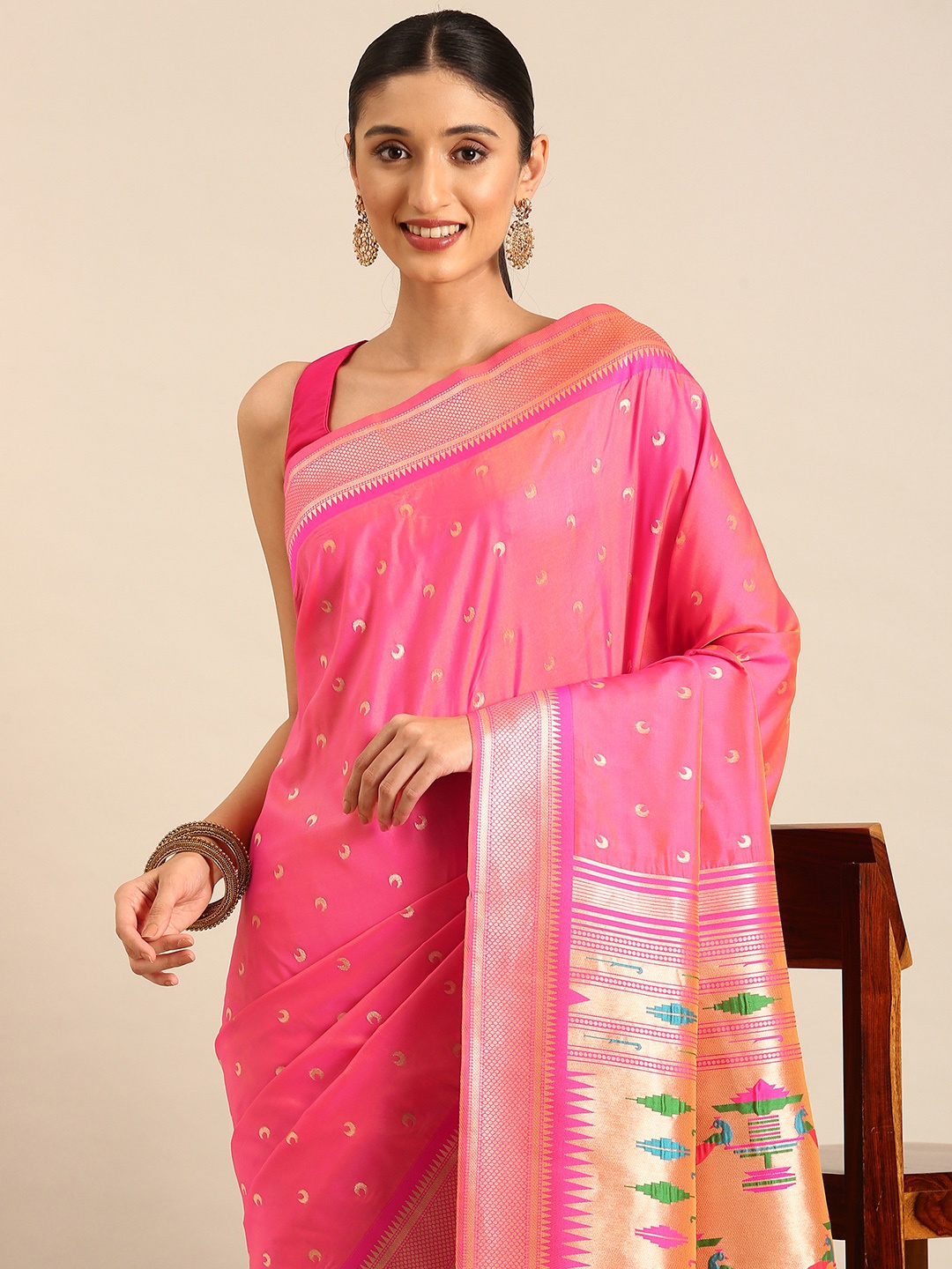 

Mitera Woven Design Zari Paithani Saree, Peach