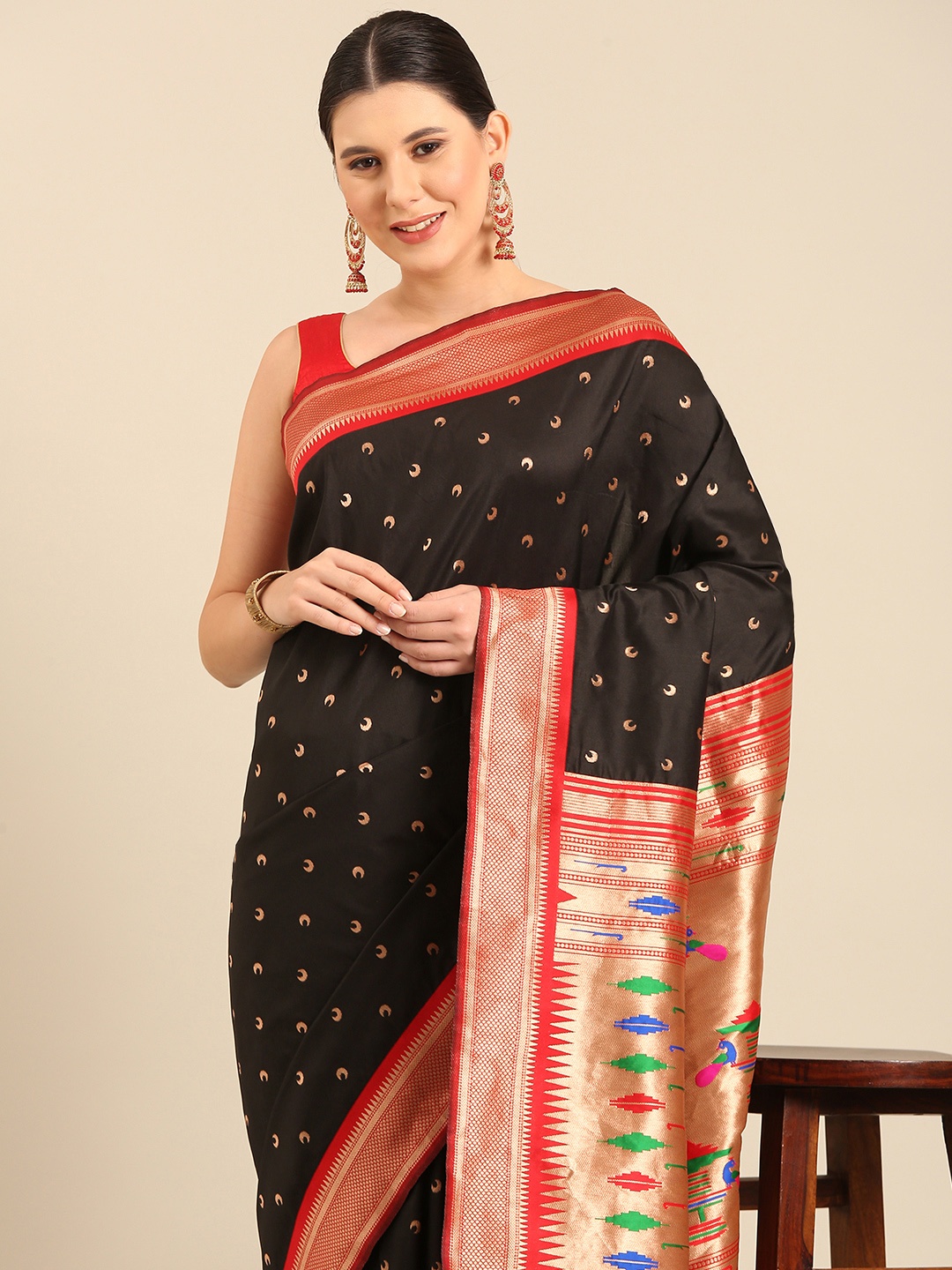 

Mitera Woven Design Zari Silk Blend Designer Paithani Saree, Black