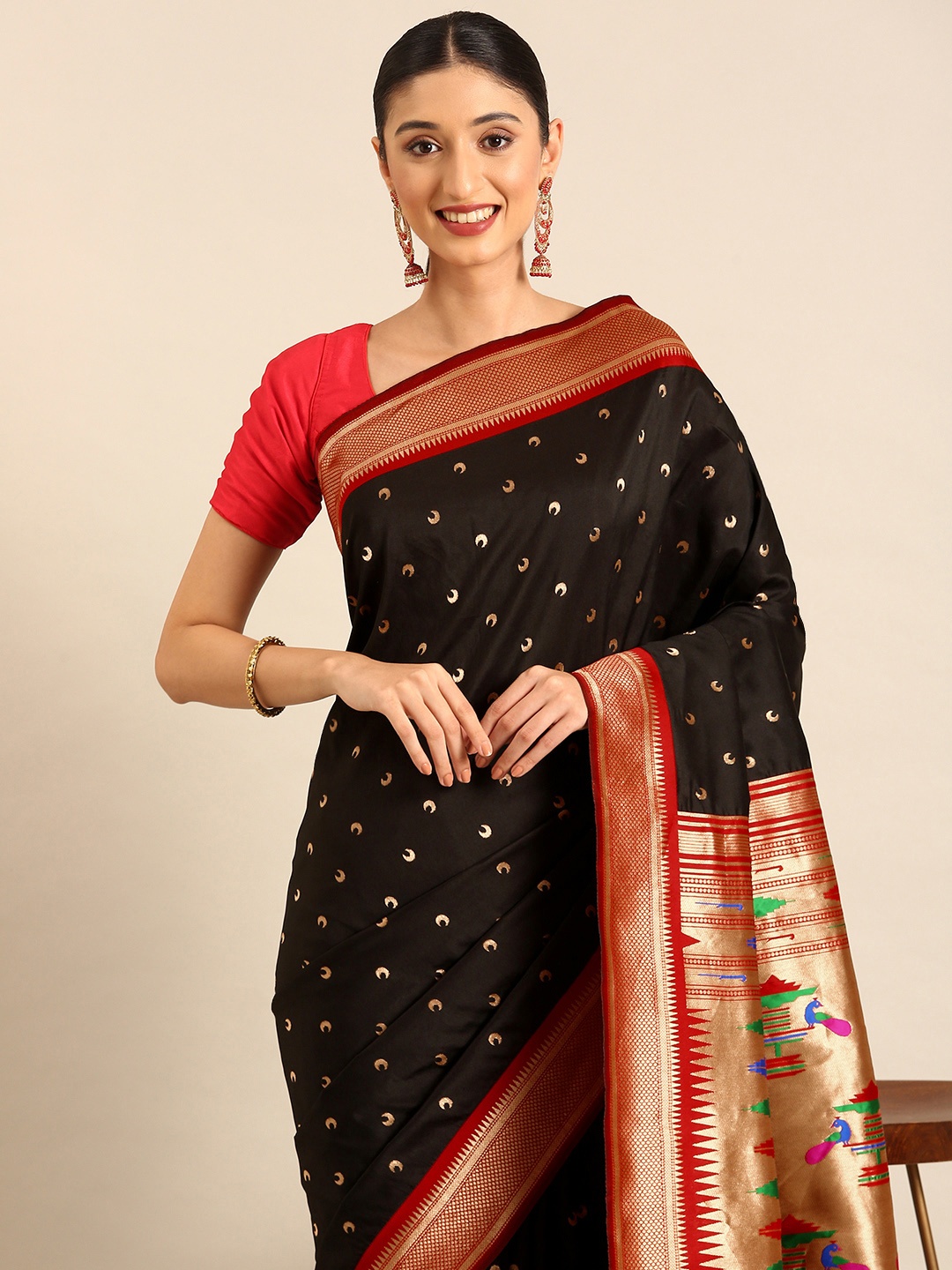 

Mitera Woven Design Zari Silk Blend Designer Paithani Saree, Black