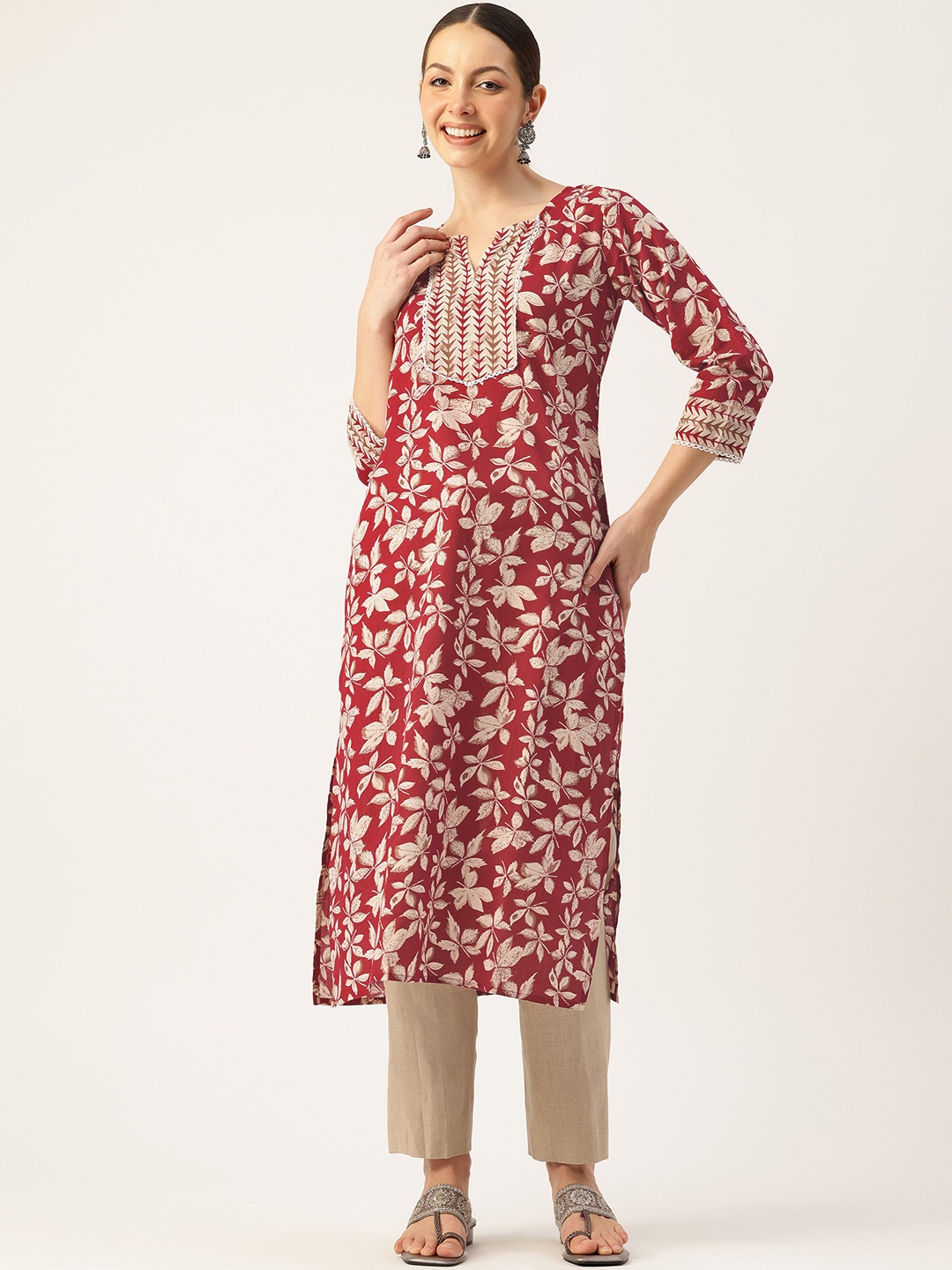 

FERANOID Floral Printed Pure Cotton Kurta, Maroon