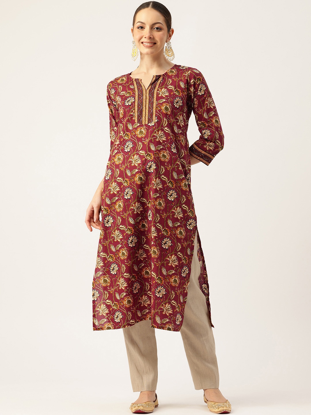 

FERANOID Floral Printed Pure Cotton Kurta, Red