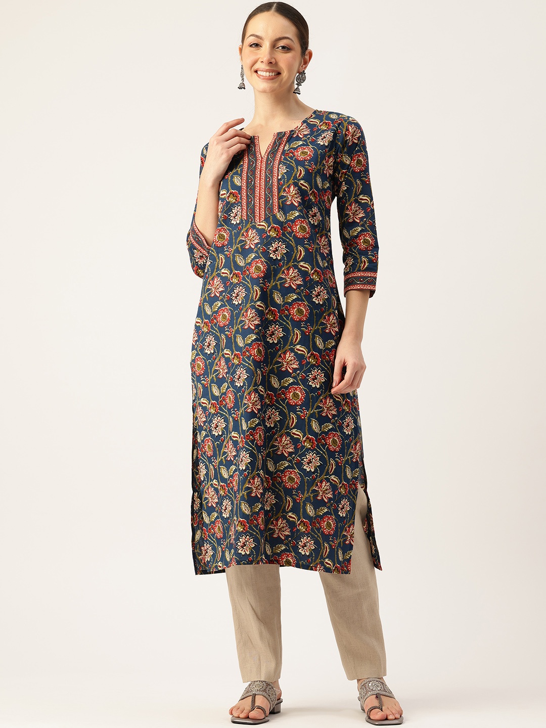 

FERANOID Floral Printed Pure Cotton Kurta, Navy blue