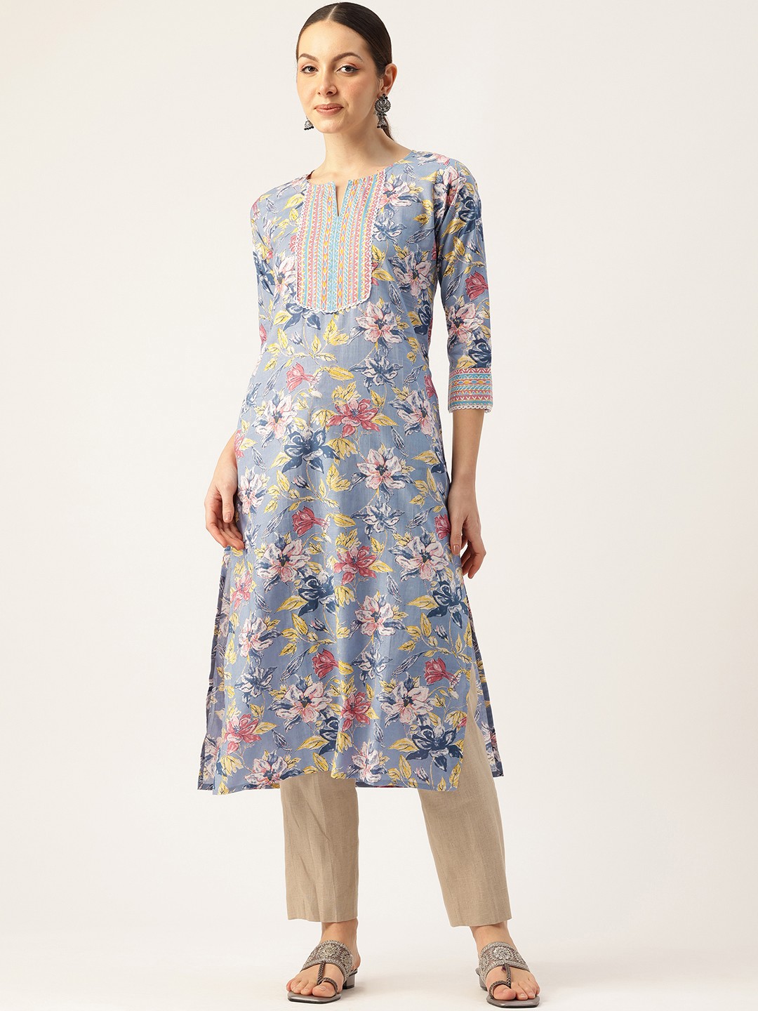 

FERANOID Floral Printed Pure Cotton Kurta, Blue