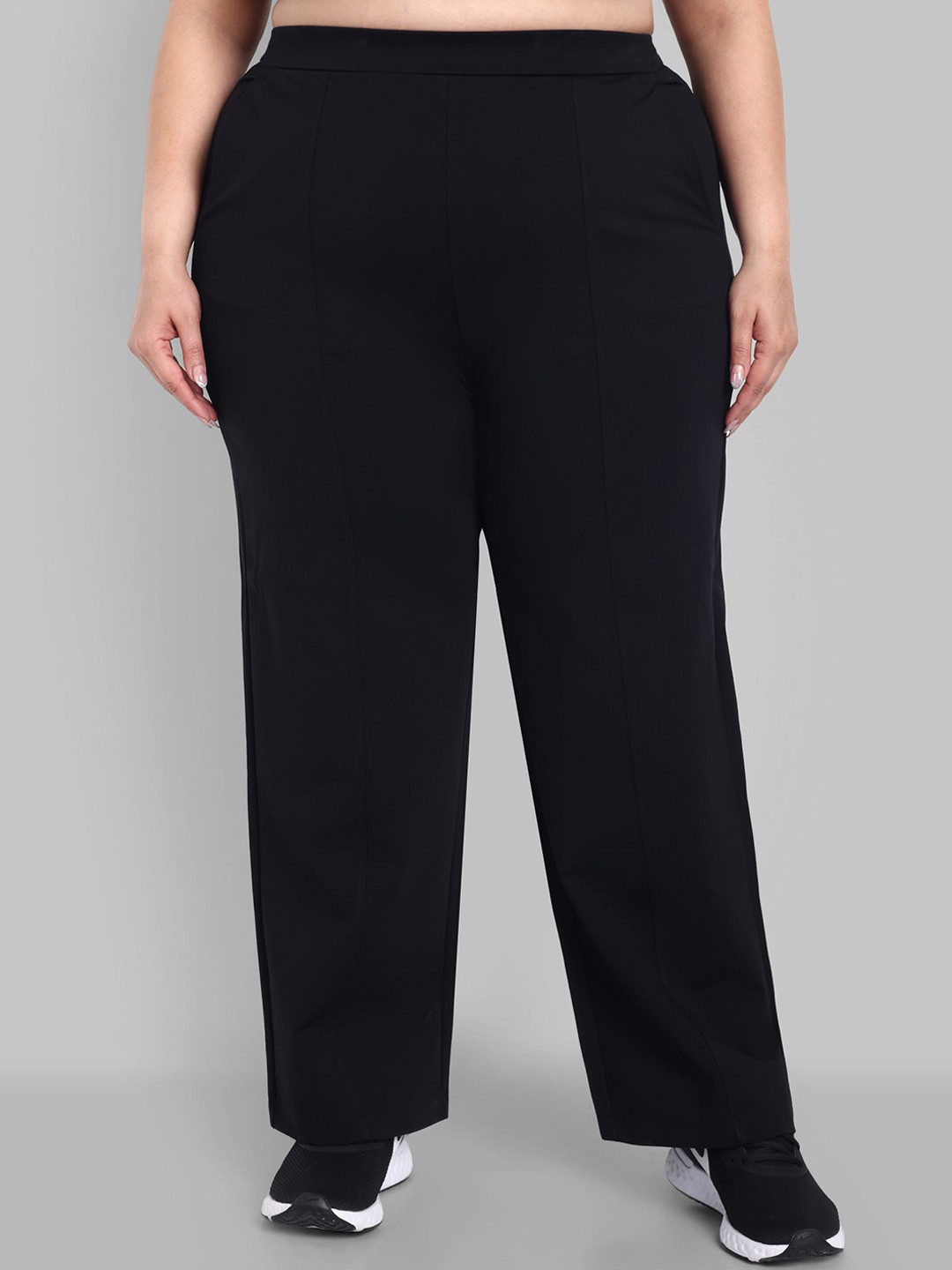 

skyria Women Plus Size Relaxed Straight Leg Loose Fit High-Rise Trousers, Black