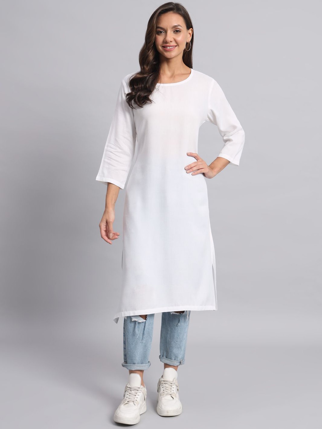 

HANDICRAFT PALACE Round Neck Cotton Straight Kurta, White