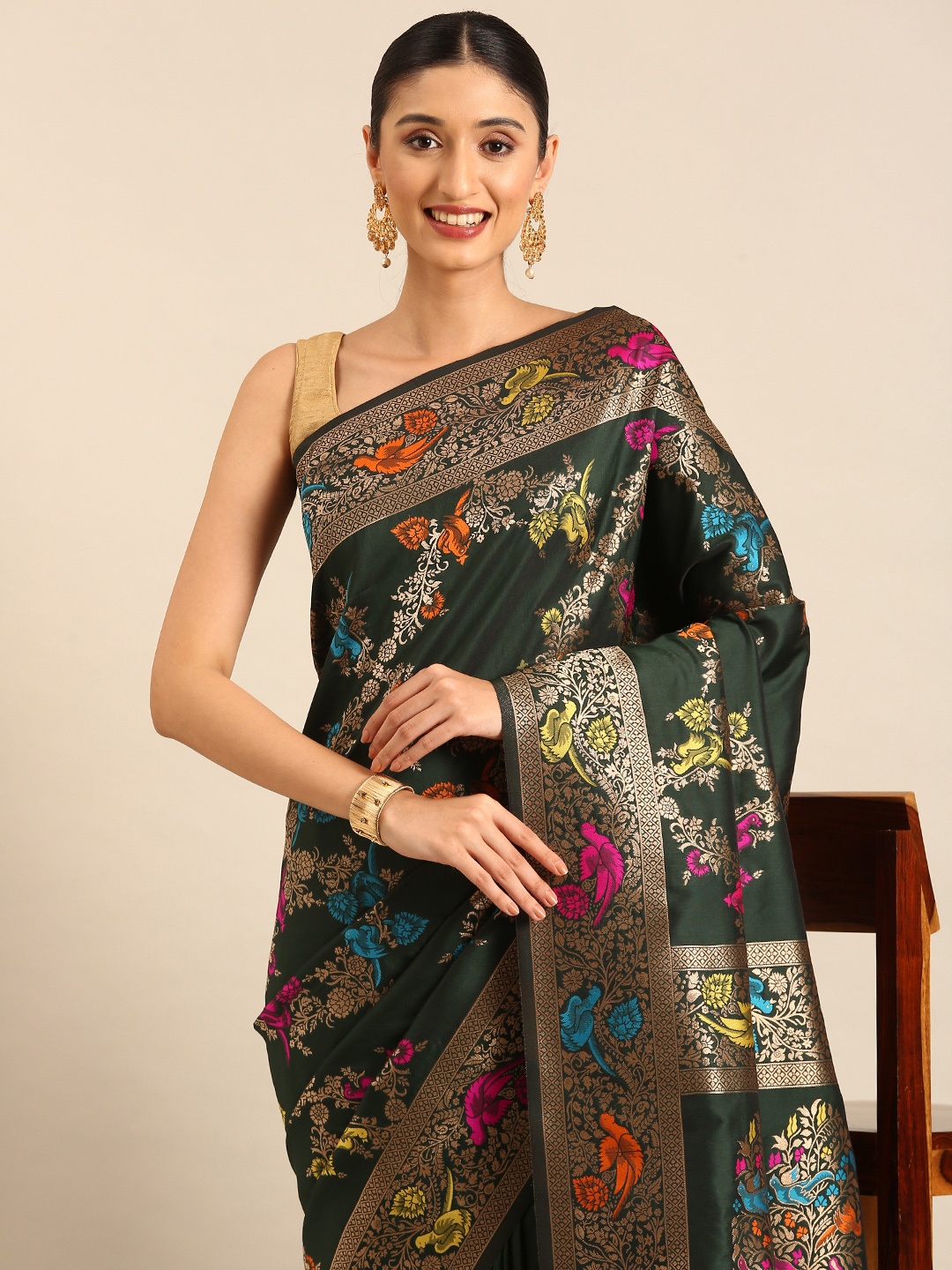 

Mitera Woven Design Zari Silk Blend Designer Banarasi Saree, Green