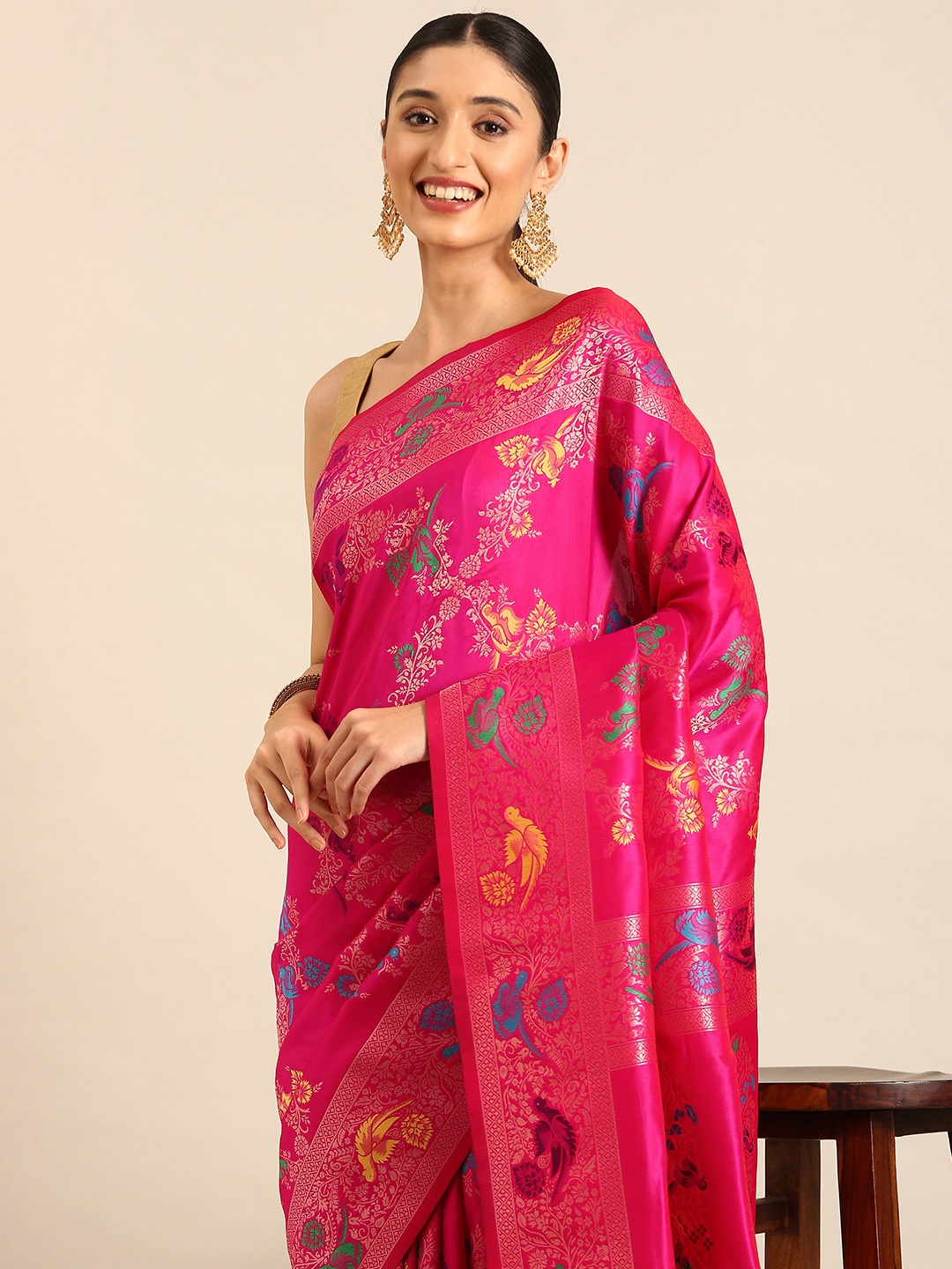 

Mitera Woven Design Zari Silk Blend Designer Banarasi Saree, Pink