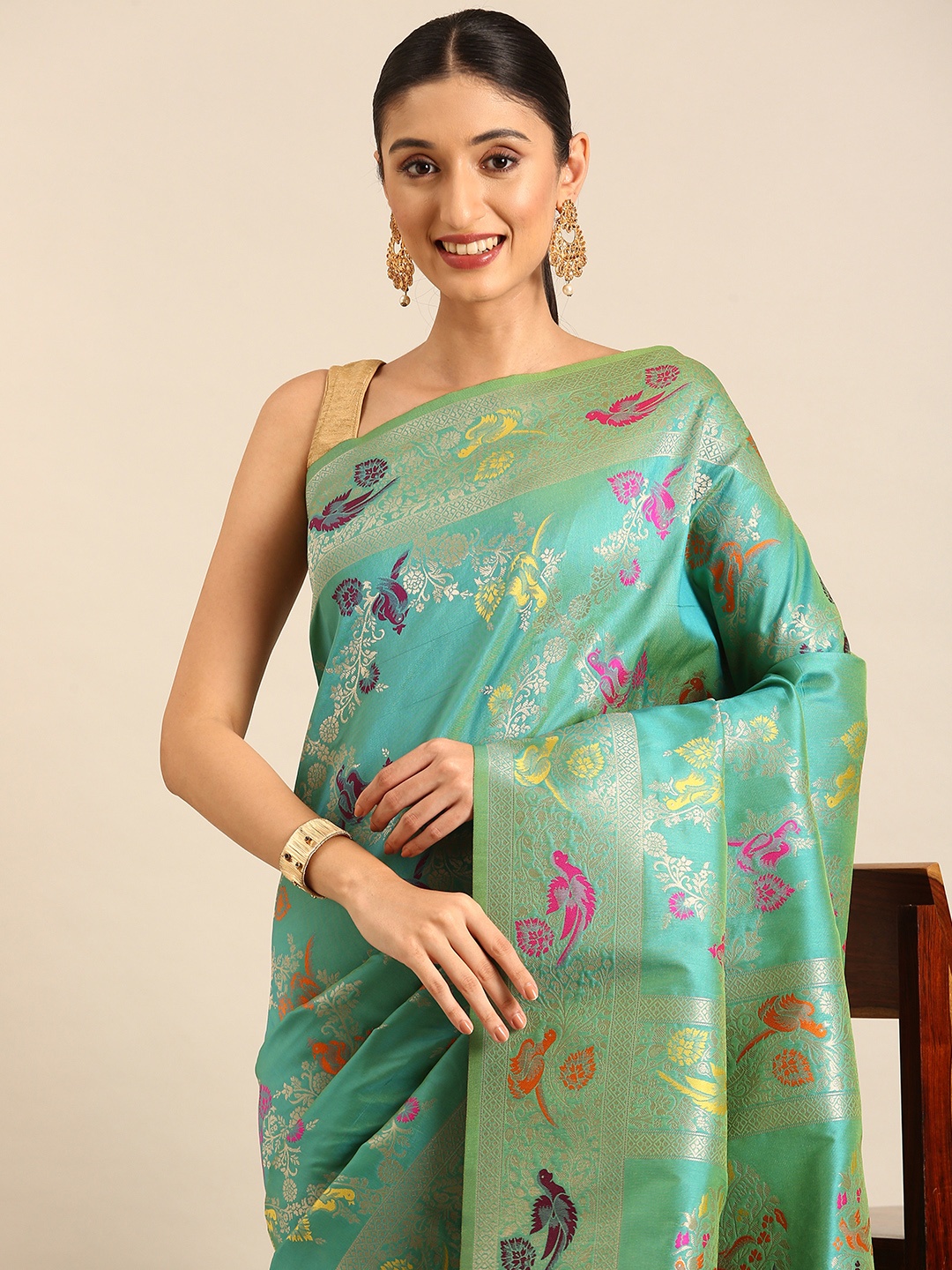 

Mitera Woven Design Zari Silk Blend Designer Banarasi Saree, Green