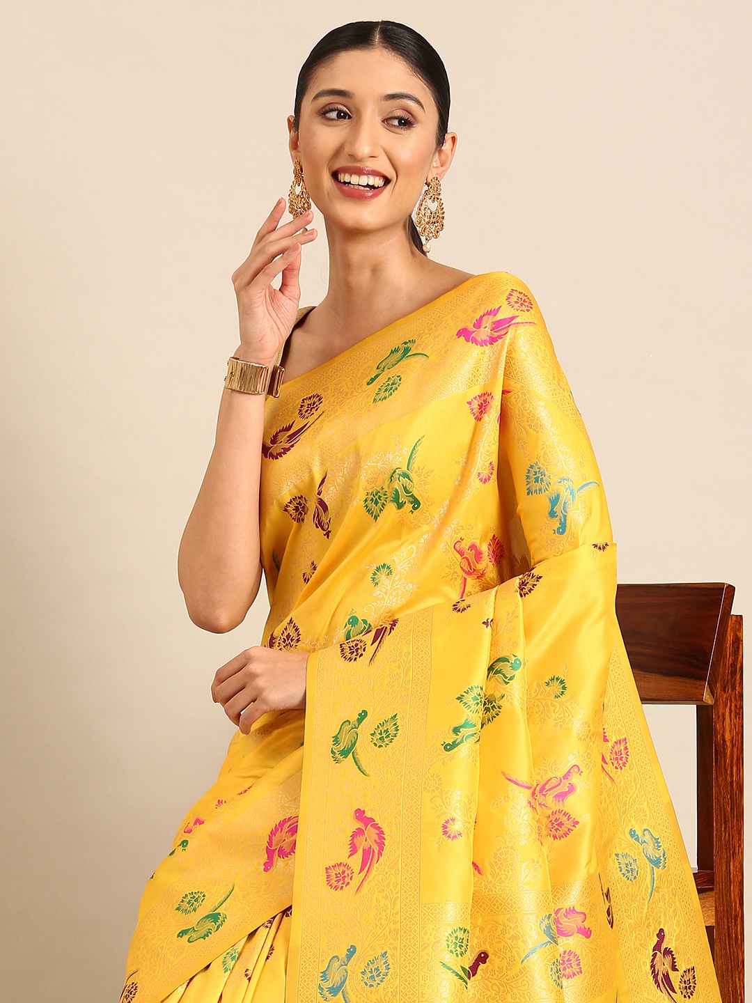 

Mitera Woven Design Zari Silk Blend Designer Banarasi Saree, Yellow