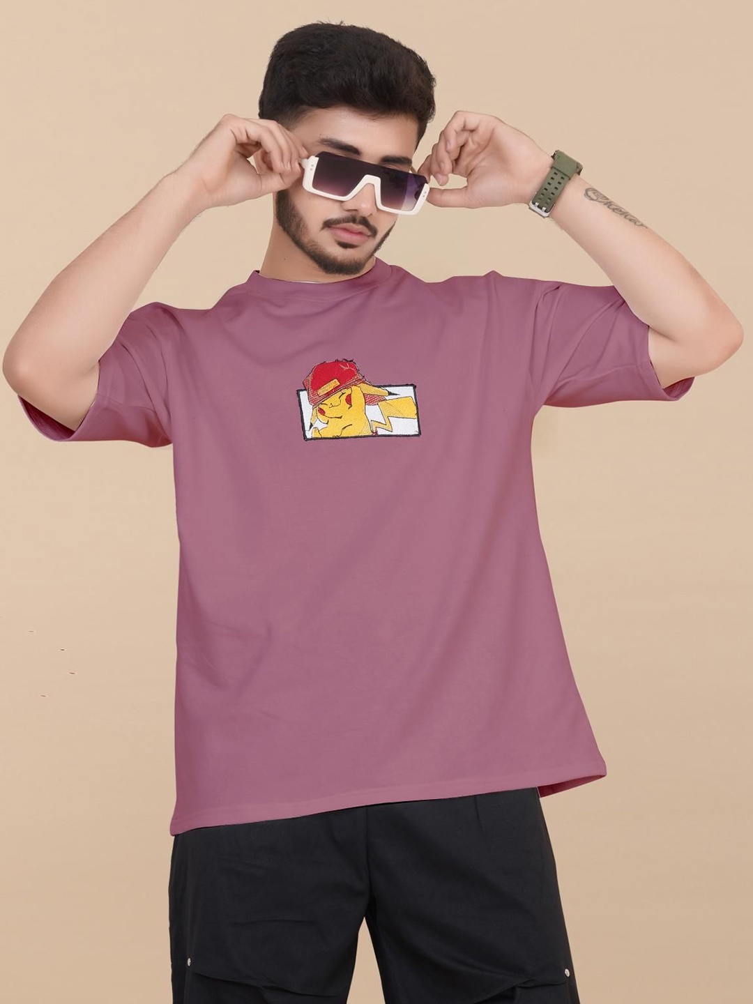 

BLURR Men Pokemon Graphic Printed Round Neck Relaxed Fit Cotton T-shirt, Peach