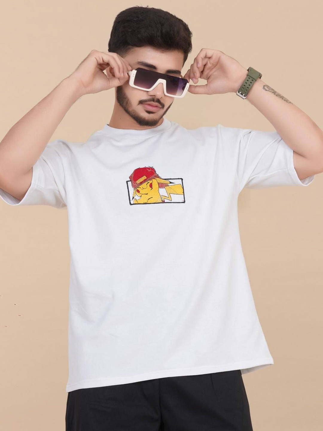 

BLURR Men Pokemon Graphic Printed Round Neck Relaxed Fit Cotton T-shirt, White