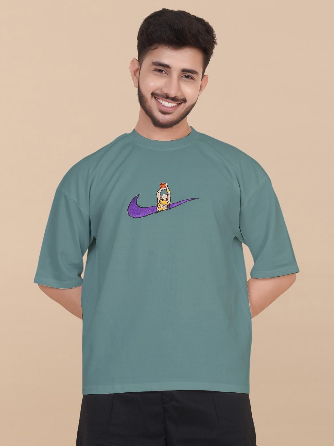 

BLURR Men Graphic Printed Cotton Oversized Casual T-shirt, Sea green