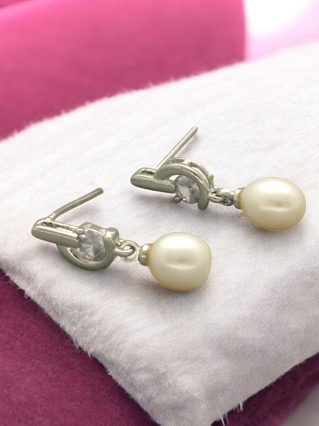 

Sri Jagdamba Gold-Plated Pearls Studded Contemporary Shaped Drop Earrings, Silver