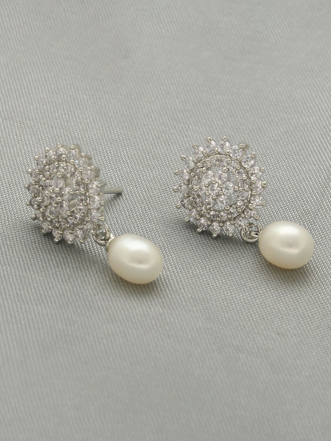 

Sri Jagdamba Gold-Plated Pearls Studded Contemporary Shaped Drop Earrings, Silver