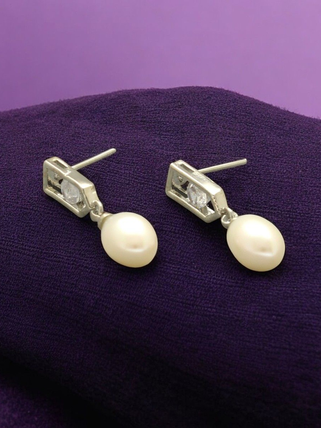 

Sri Jagdamba Gold-Plated Pearls Studded Contemporary Shaped Drop Earrings, Silver