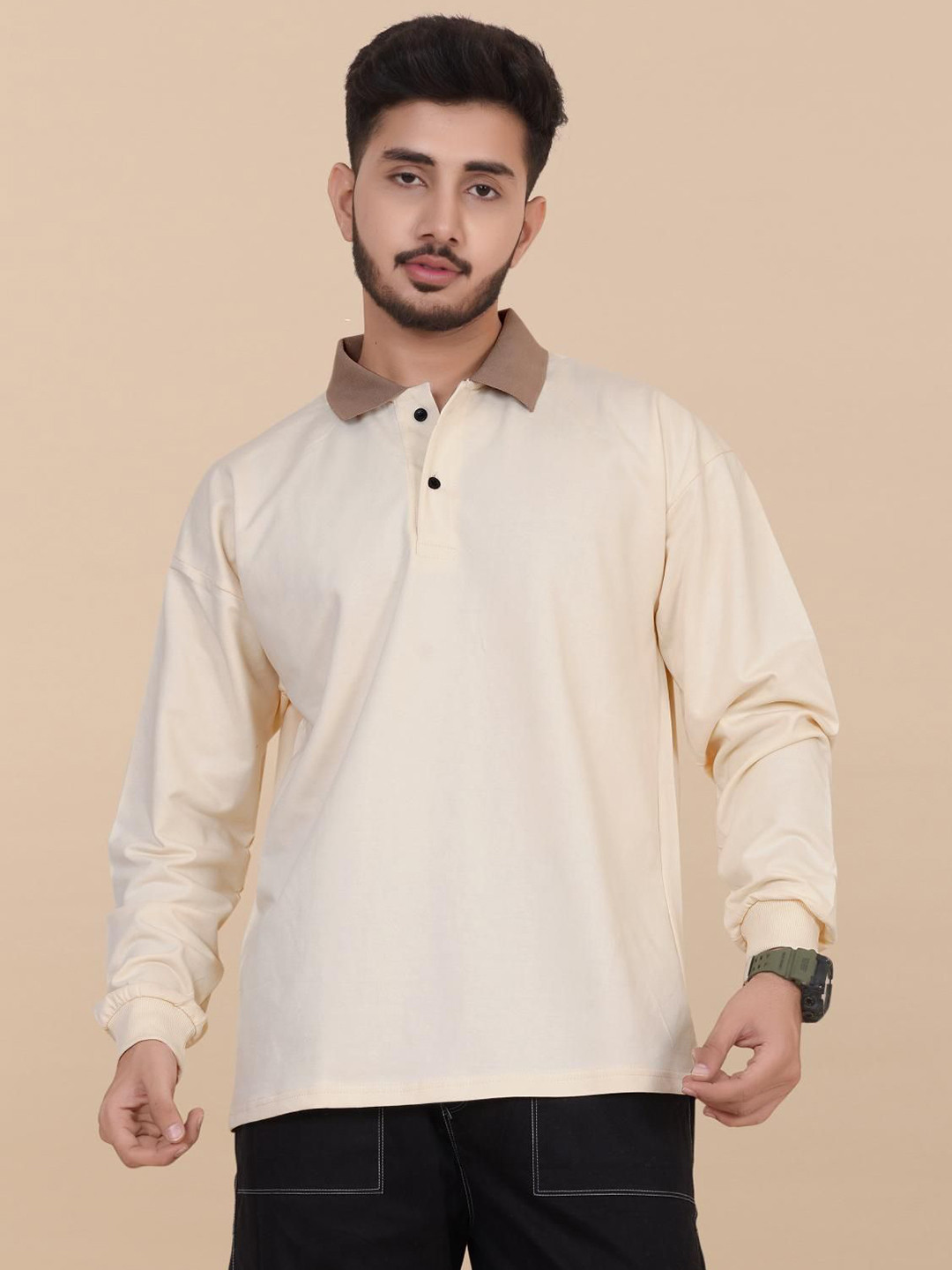 

BLURR Men Solid Polo Collar Relaxed Fit Cotton T-shirt, Cream