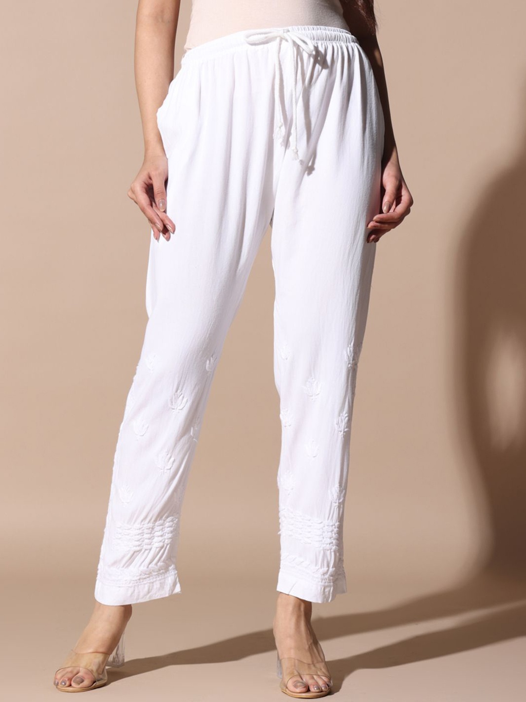 

Fashionable Chikan Handikraft Women Embroidered Tailored Trousers, White