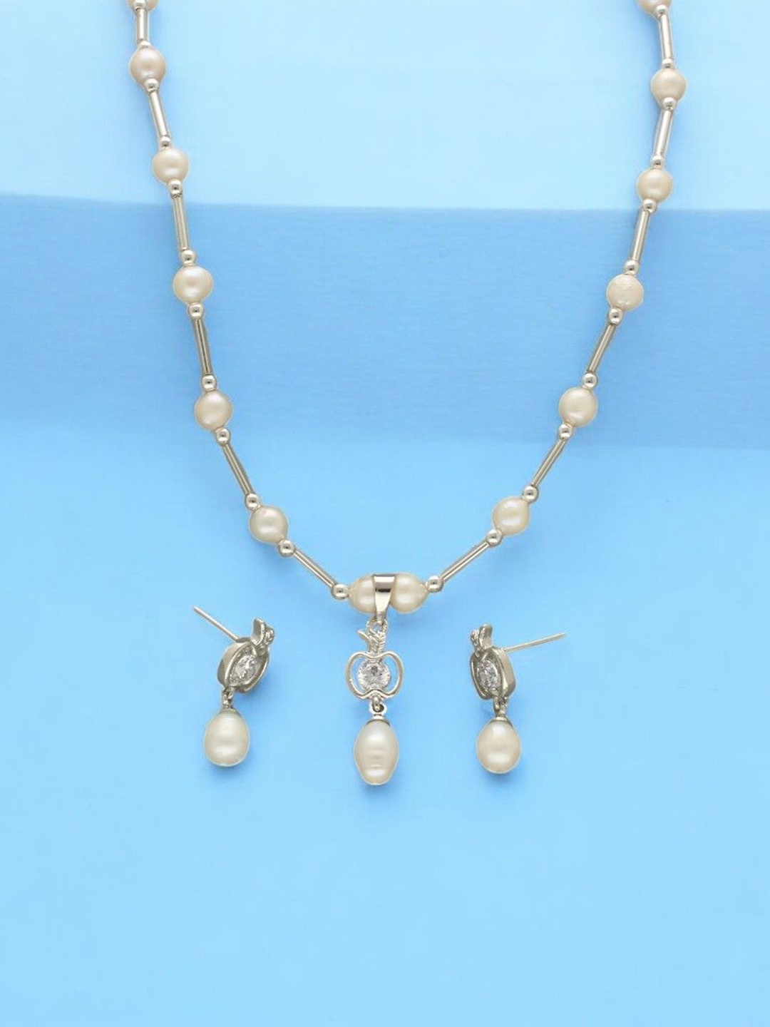 

Sri Jagdamba Pearls Dealer Silver Plated CZ Stone Studded & Beaded Jewellery Set