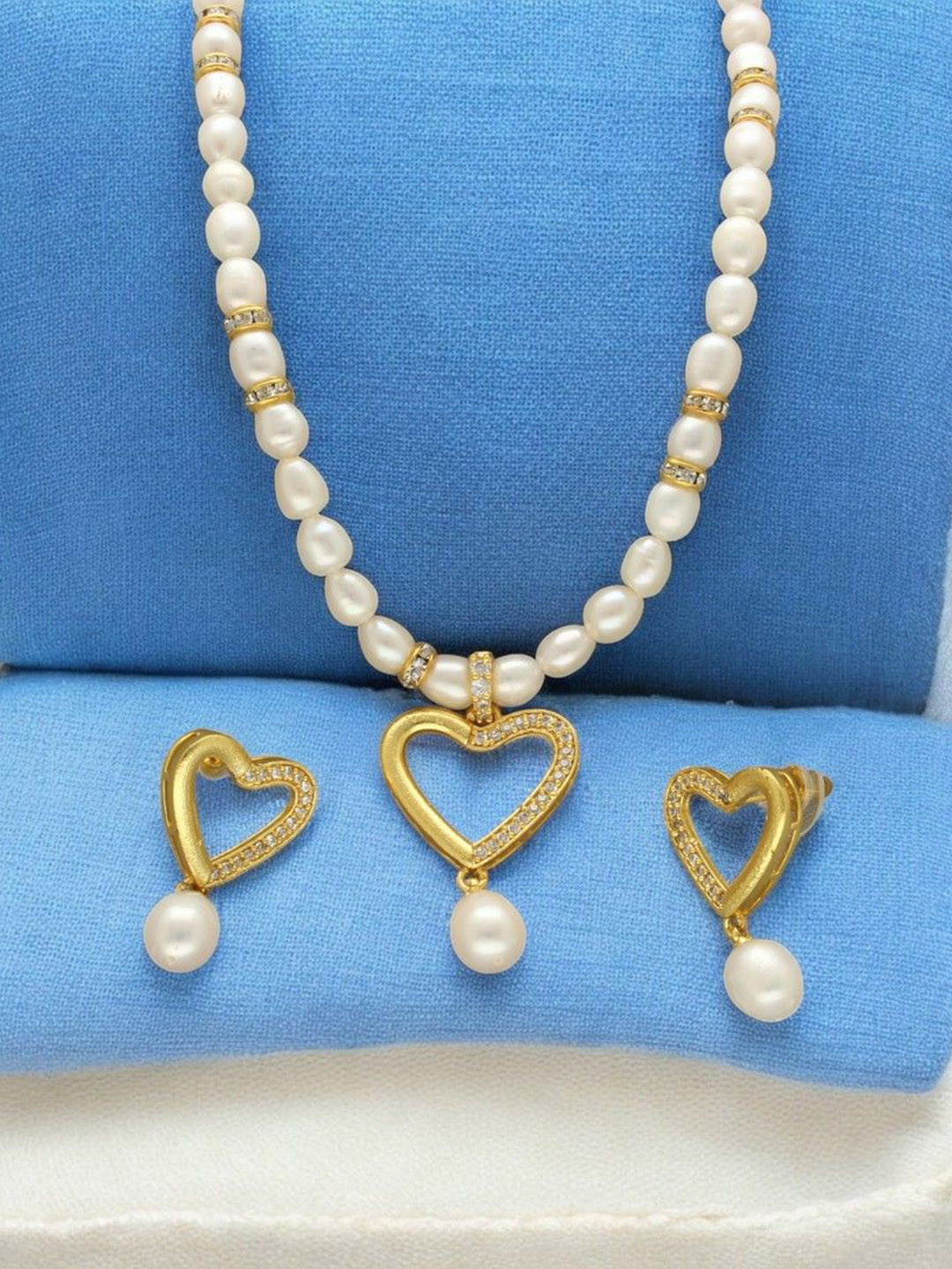 

Sri Jagdamba Pearls Dealer Gold Plated CZ-Studded & Beaded Heart Shaped Jewellery Set