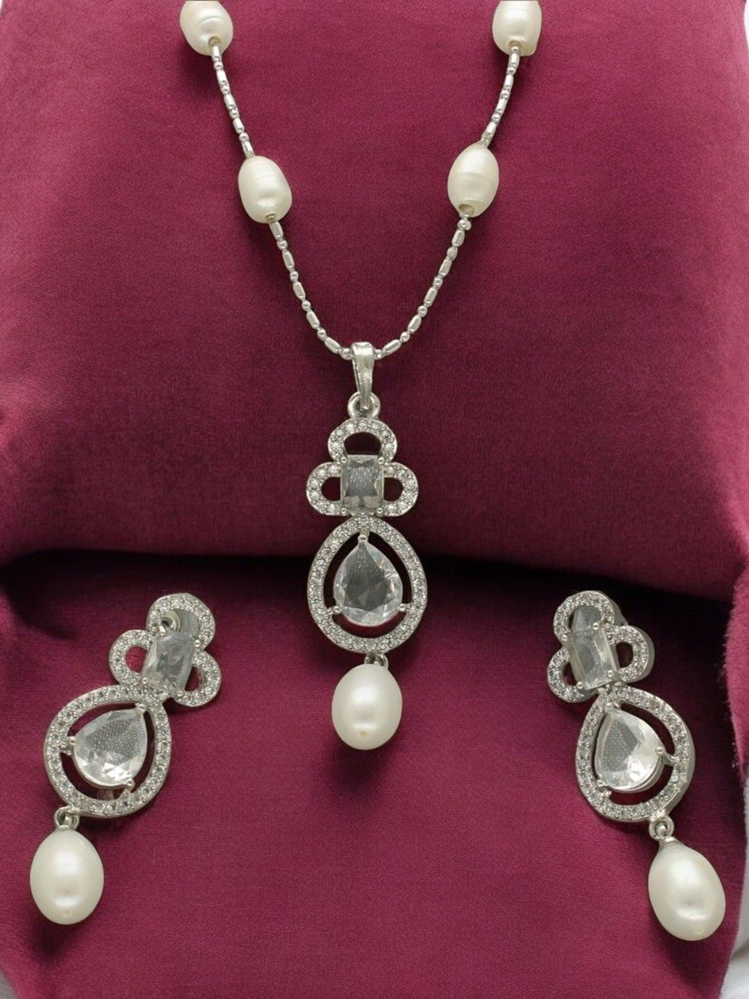 

Sri Jagdamba Pearls Dealer Silver Plated CZ Stone Studded & Beaded Jewellery Set