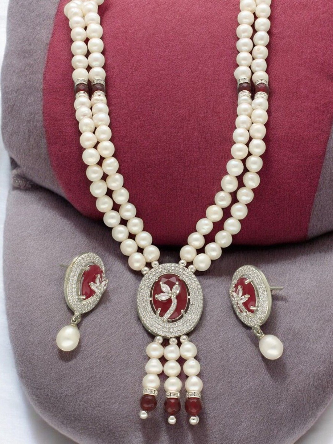 

Sri Jagdamba Pearls Dealer Silver Plated CZ Stone Studded & Beaded Jewellery Set