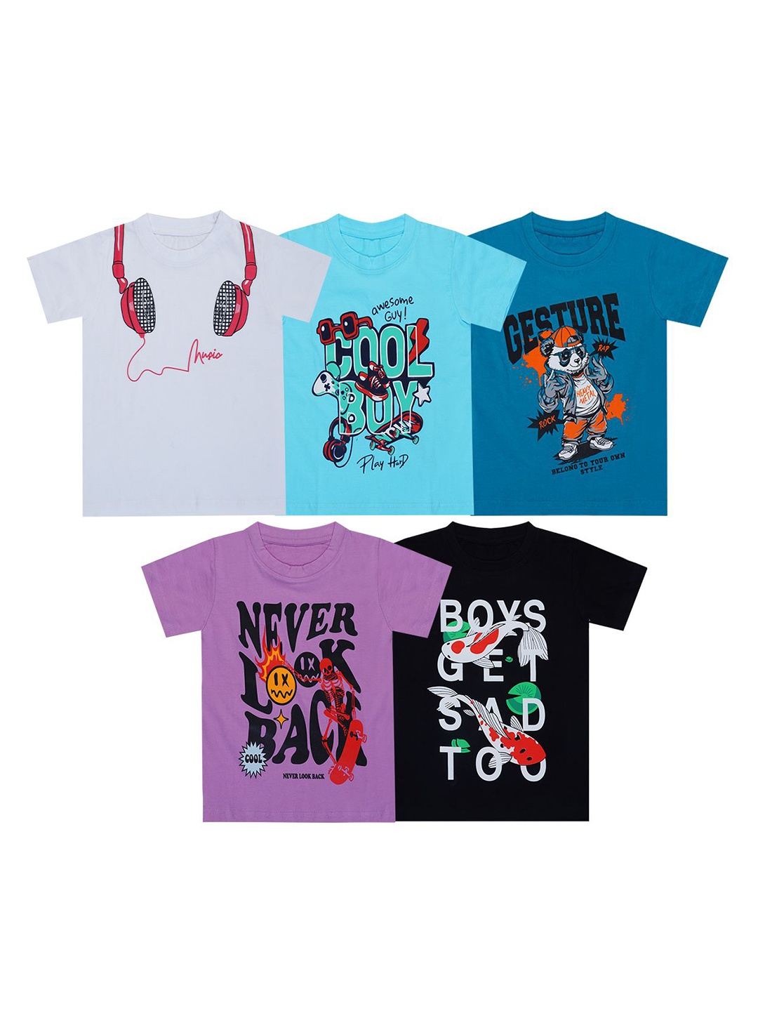 

FAZZA Boys Pack Of 5 Typography Printed Round Neck Cotton T-shirts, White