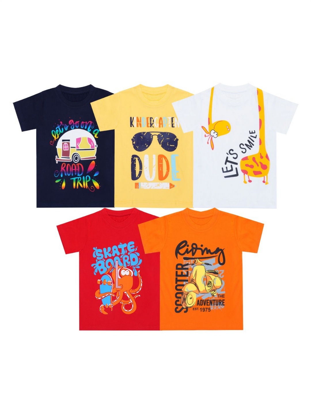 

FAZZA Boys Pack Of 5 Graphic Printed Round Neck Cotton T-shirts, Navy blue