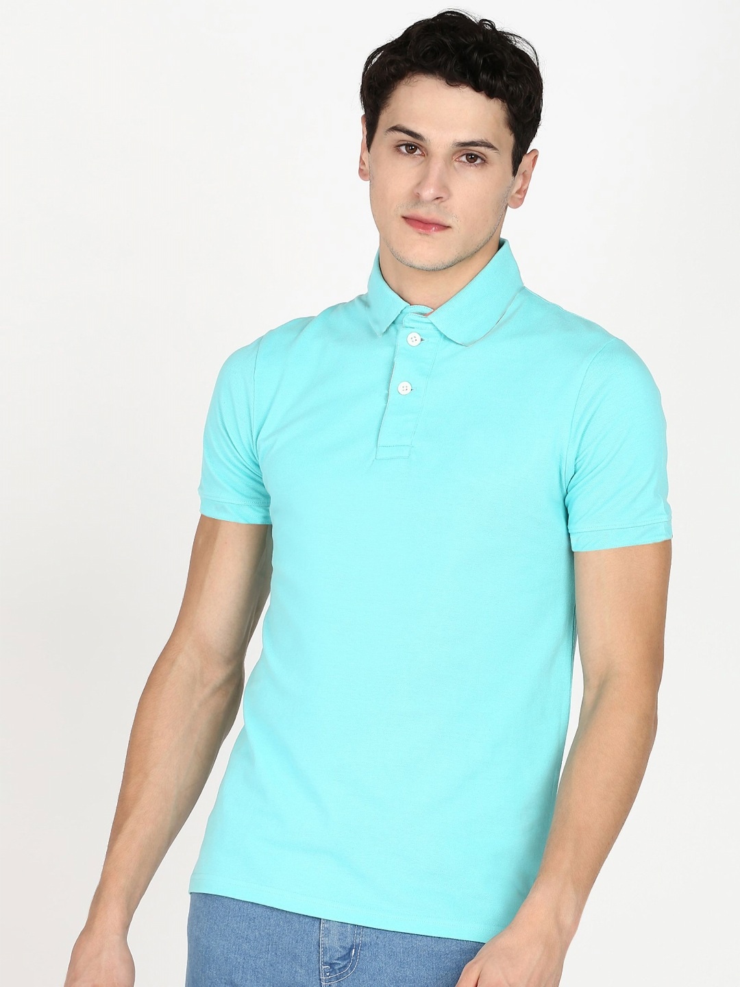 

Moda Rapido Men Solid Polo Collar Cotton Slim Fit T-shirt, Turquoise blue