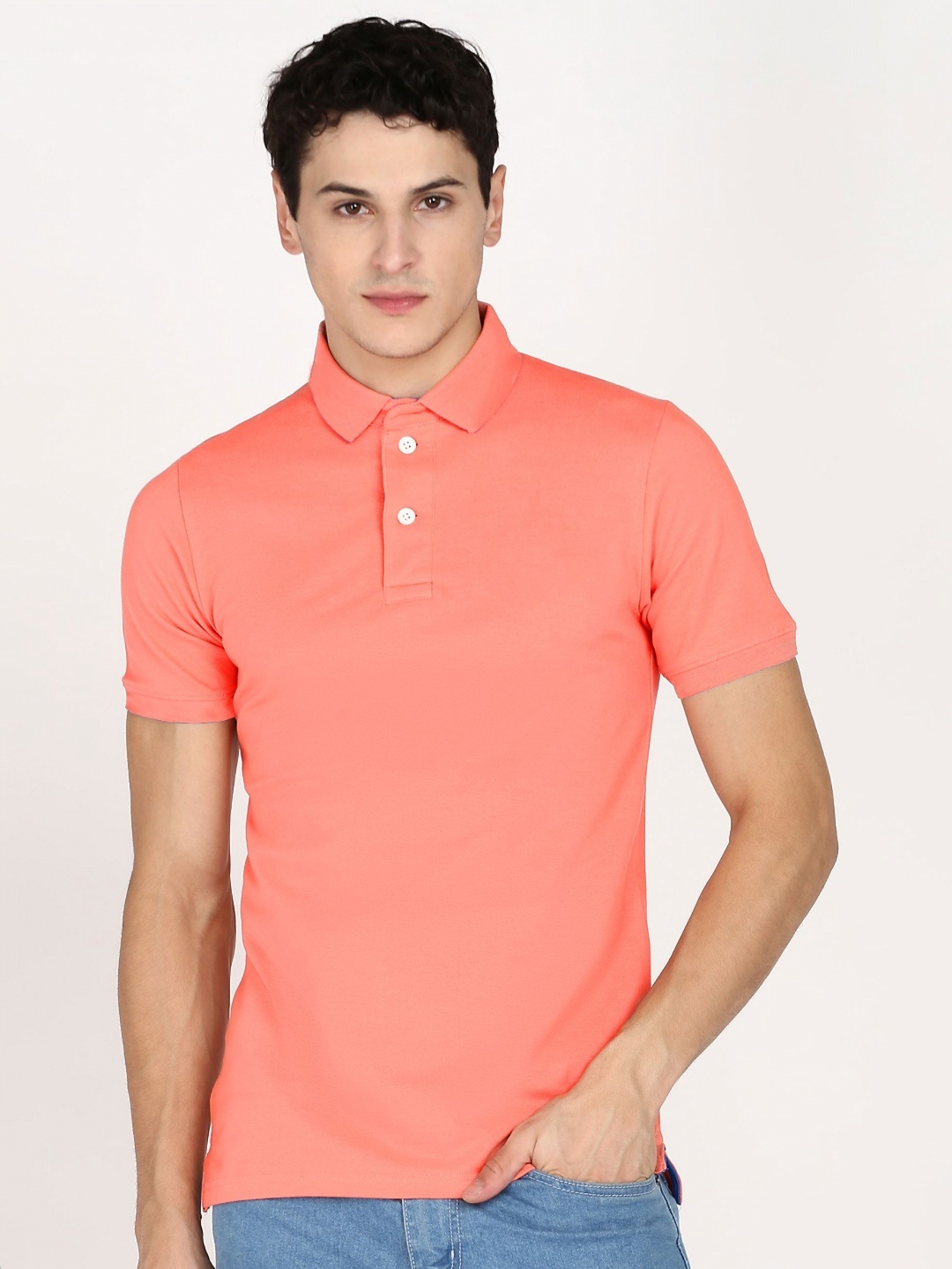 

Moda Rapido Men Solid Polo Collar Cotton Slim Fit T-shirt, Peach