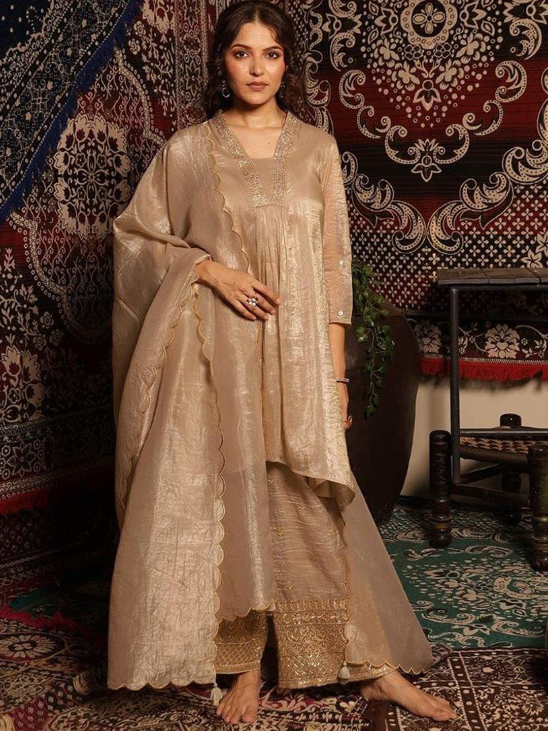 

EARTH O FAB Yoke Design V-Neck Sequinned Pleated A-Line Kurta With Palazzos & Dupatta, Beige
