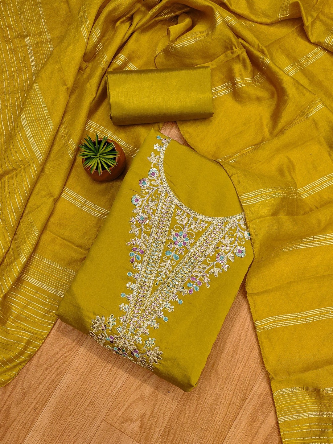 

KALINI Zari Unstitched Dress Material, Yellow