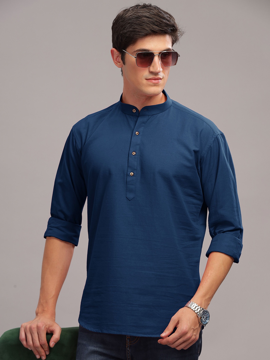 

Anouk Blue Band Collar Pure Cotton Short Kurta