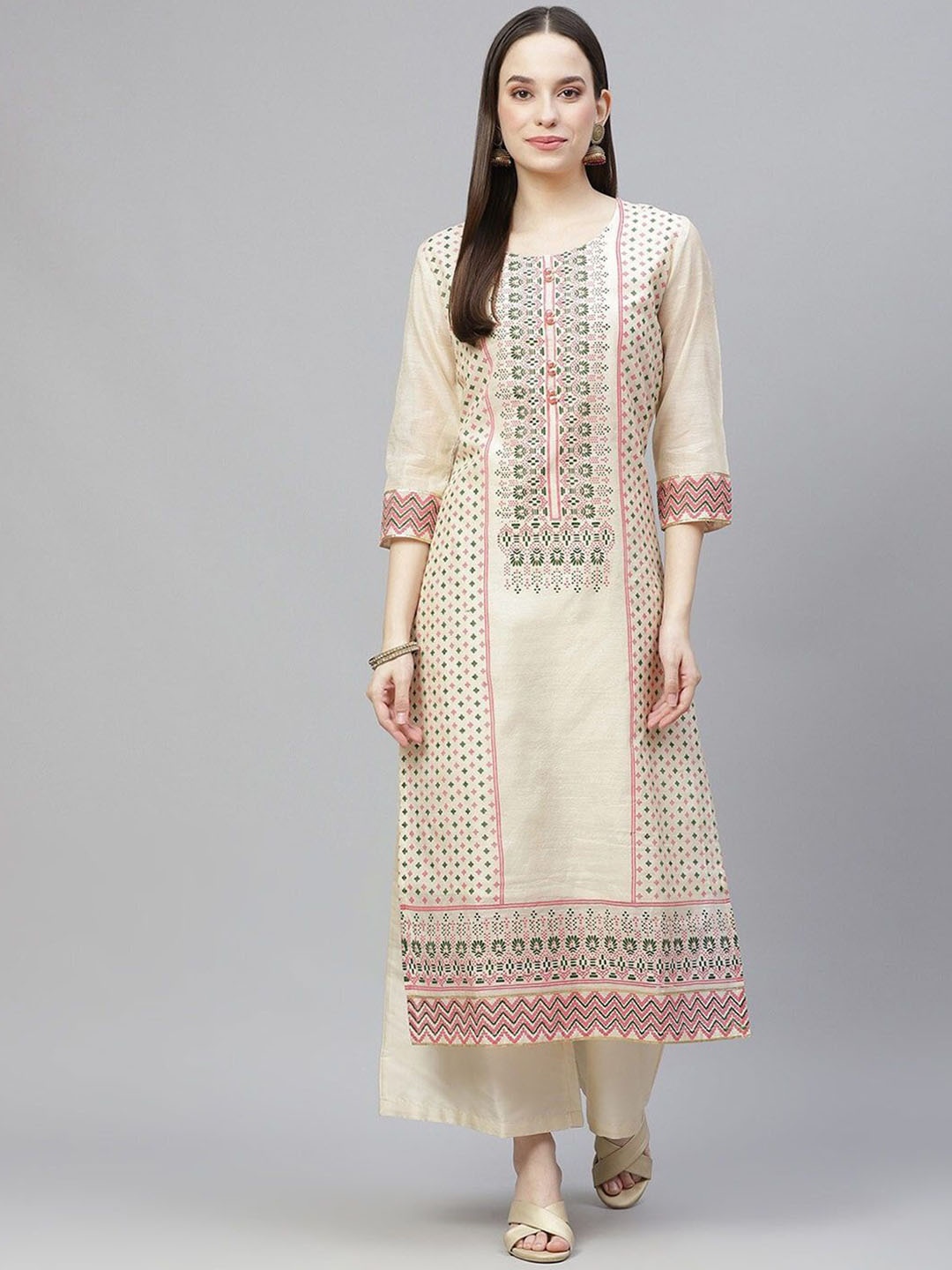 

Kairab Floral Printed Round Neck Straight Kurta, Beige