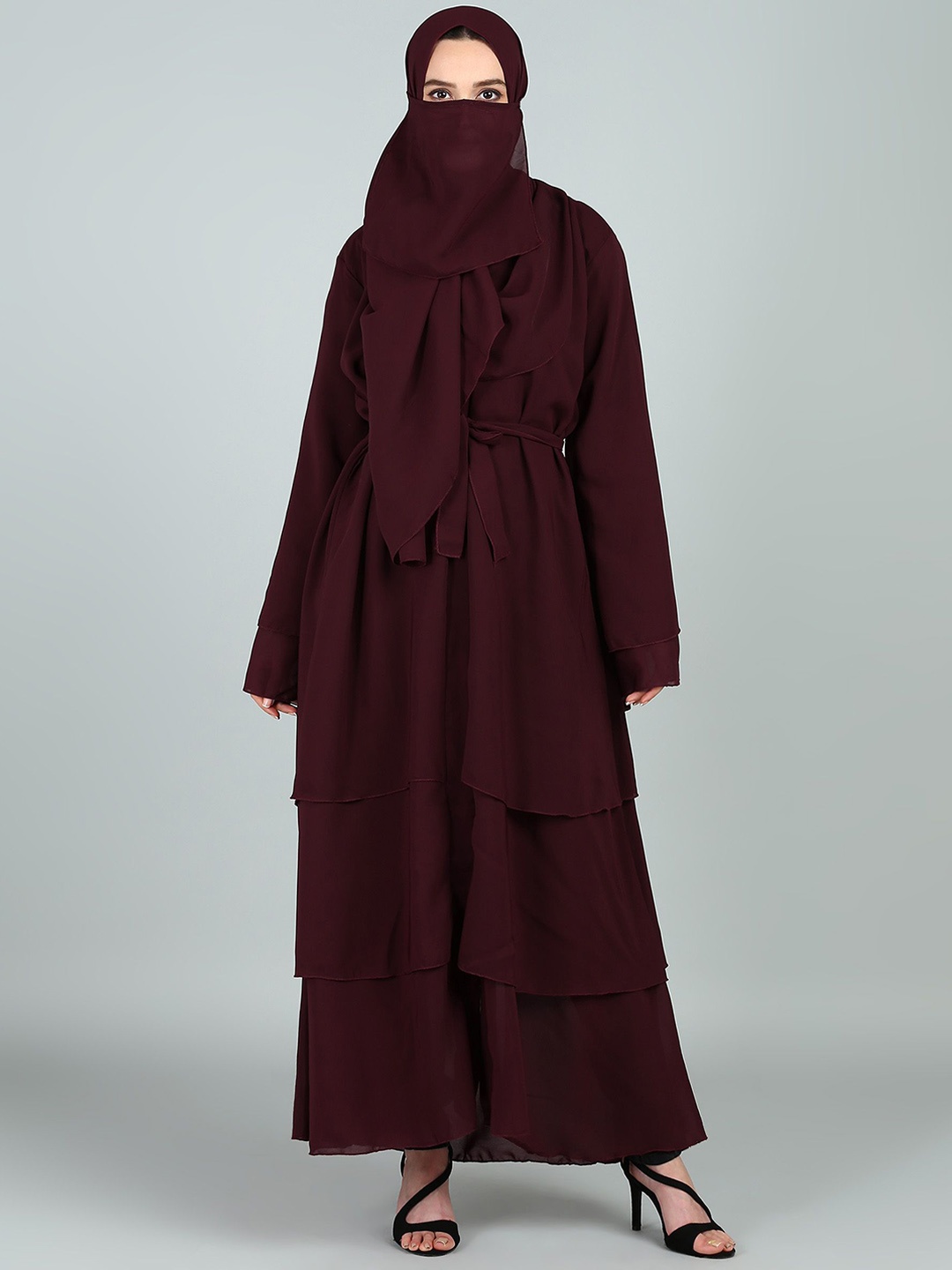 

BROKE BRAND Women Solid Triple Layer Abaya Burqa, Burgundy