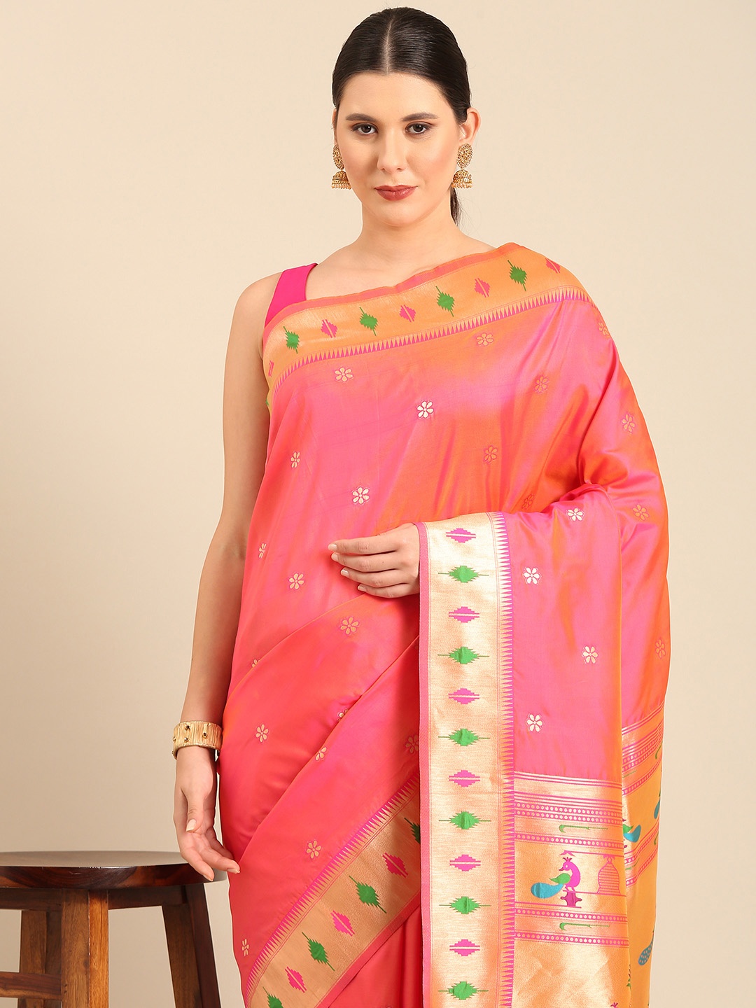 

Mitera Woven Design Zari Paithani Saree, Peach