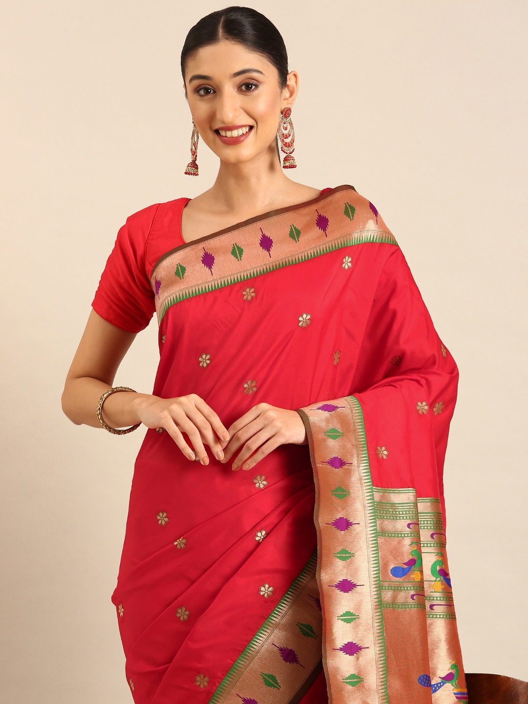 

Mitera Woven Design Zari Silk Blend Designer Paithani Saree, Red